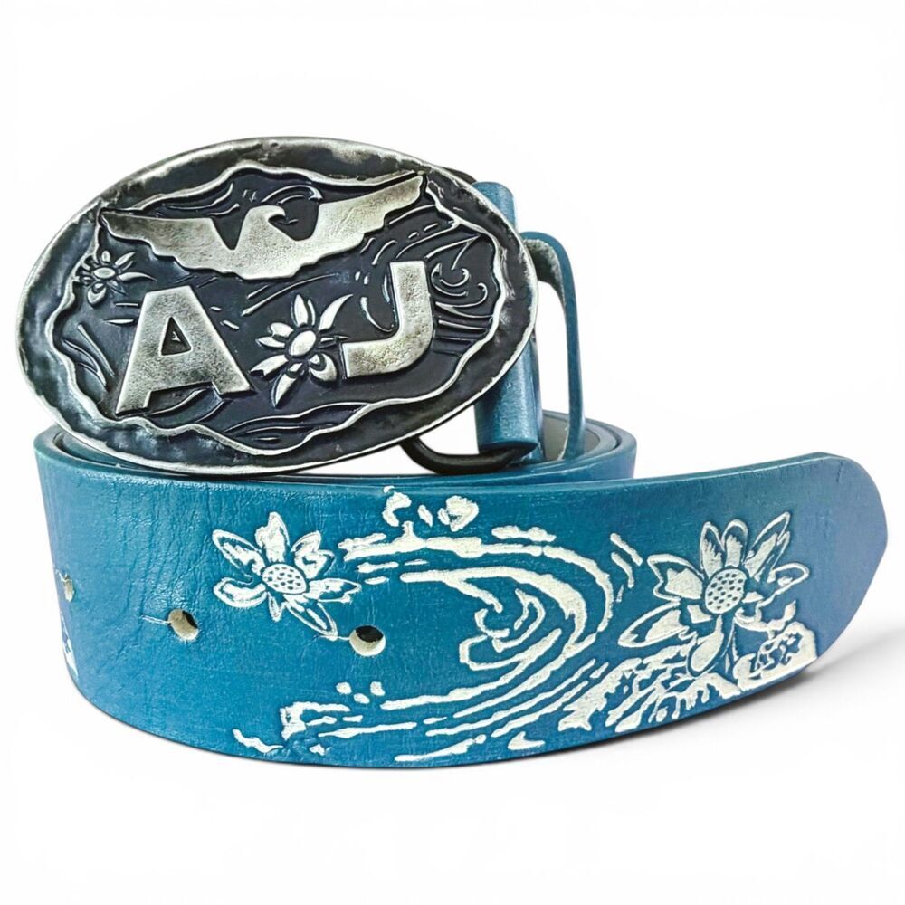 vintage armani jeans belt blue leather floral wave embossed made italy aj buckle